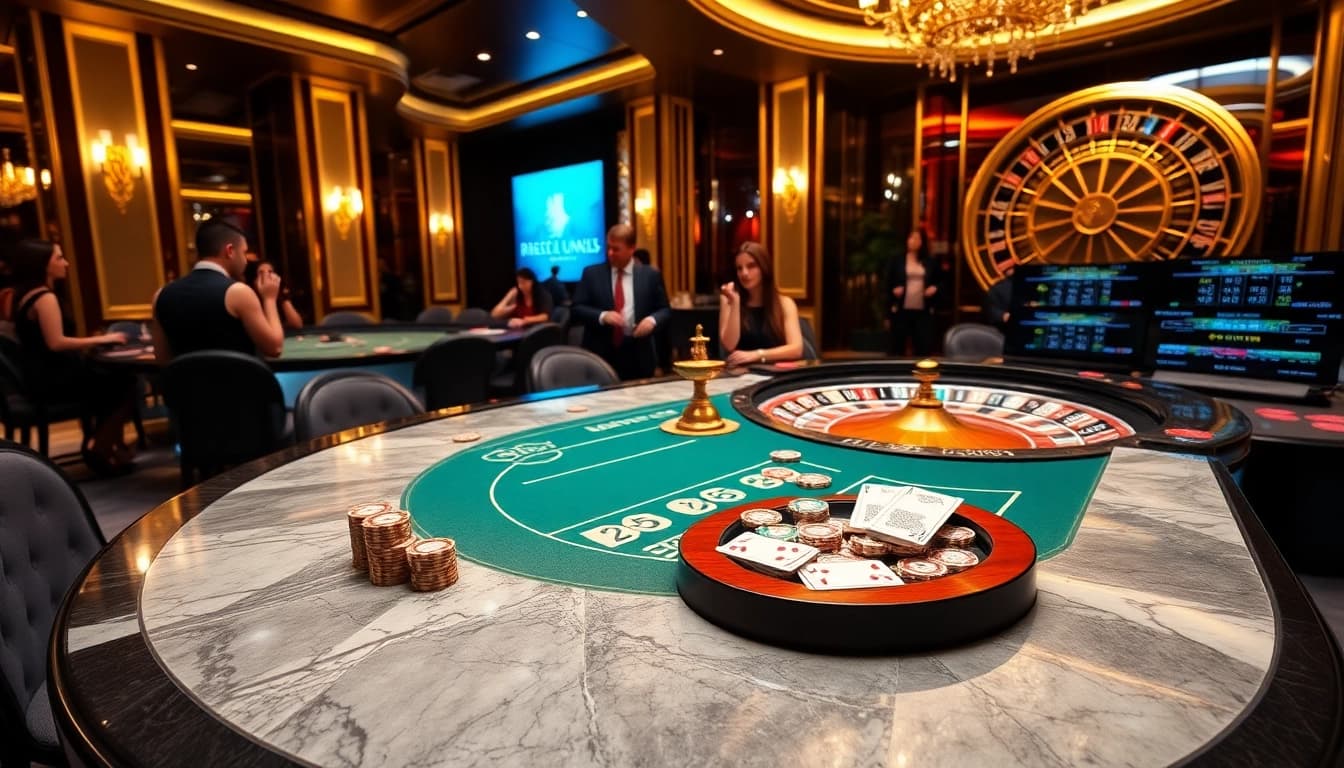 Players engaging at an upscale poker table at RR88 Casino, showcasing excitement and luxury.