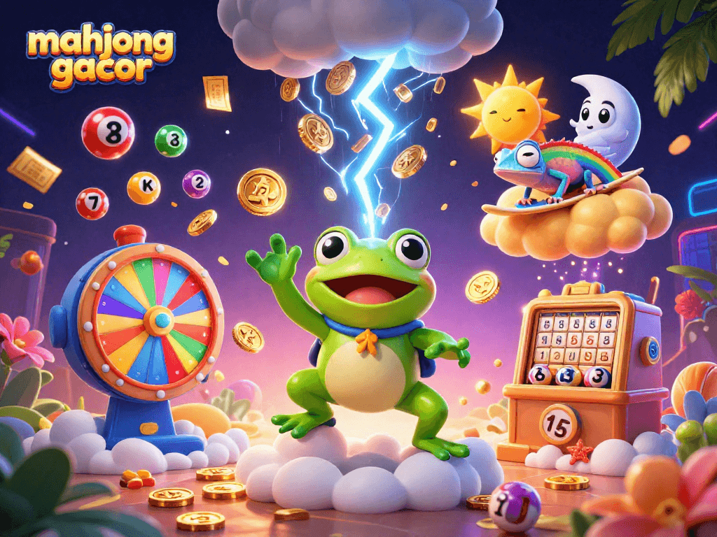 Spin and win with mahjong gacor as golden coins storm from a wizard in a vibrant casino scene.