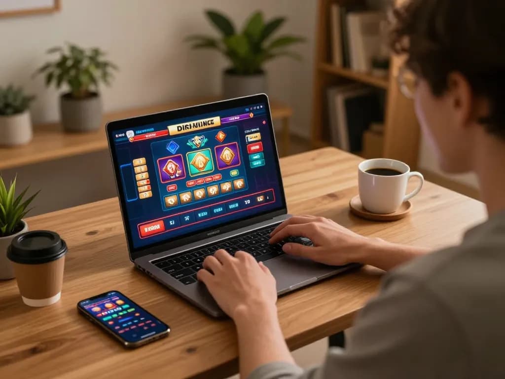 Engaging online casino gaming session showcasing ทางเข้า m111 on a laptop in a cozy home environment.