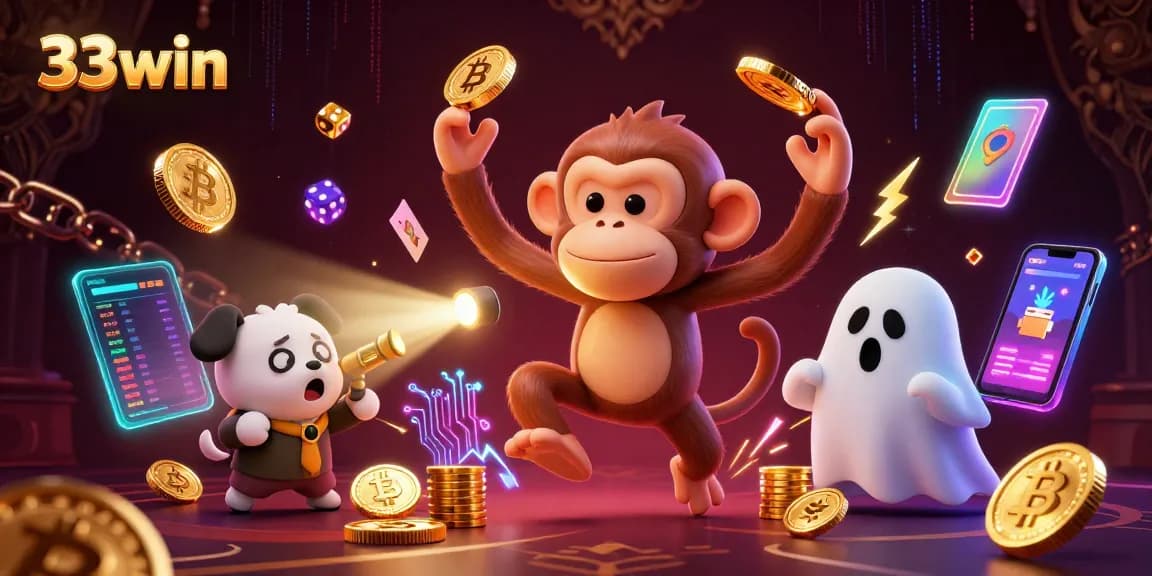 Experience thrilling entertainment at 33win's haunted casino with poltergeist monkey and ghost-hunter puppy.