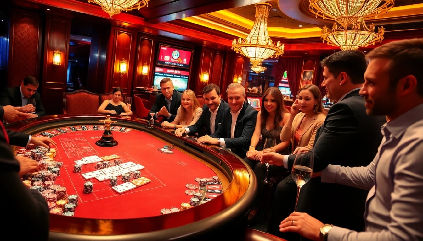 b52club poker players enjoying vibrant gameplay at a luxurious casino table