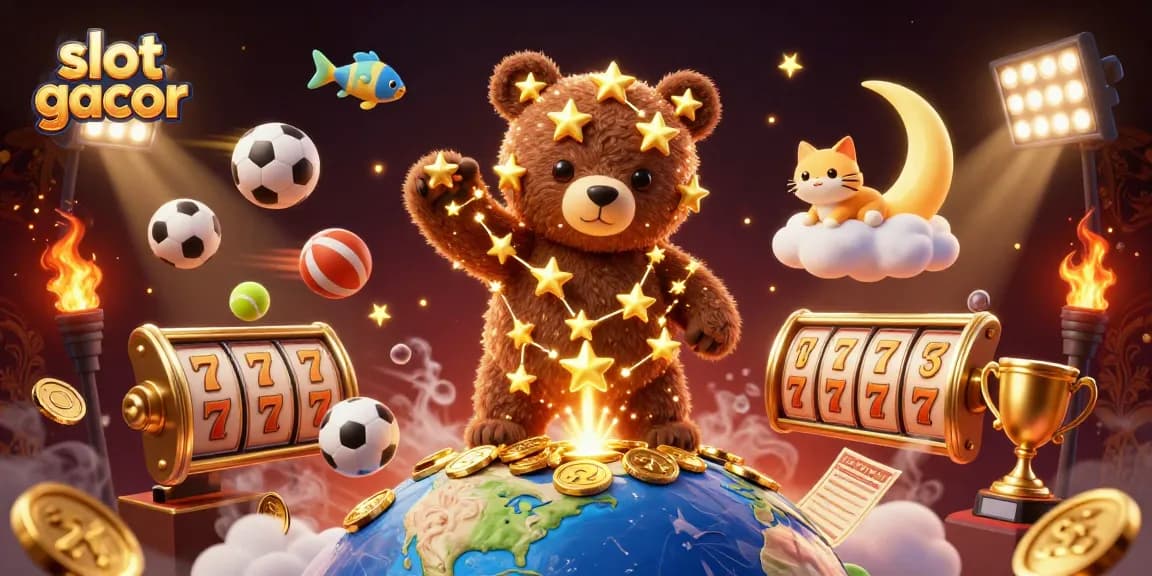 Engage in slot gacor gaming with a dazzling scene of a constellation bear, coins, and dynamic game elements.