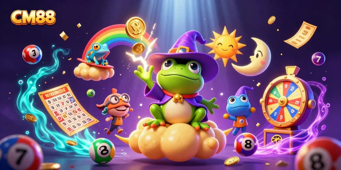 CM88 showcases a lively scene with characters amidst a whirlwind of gaming excitement, coins, and lottery balls.
