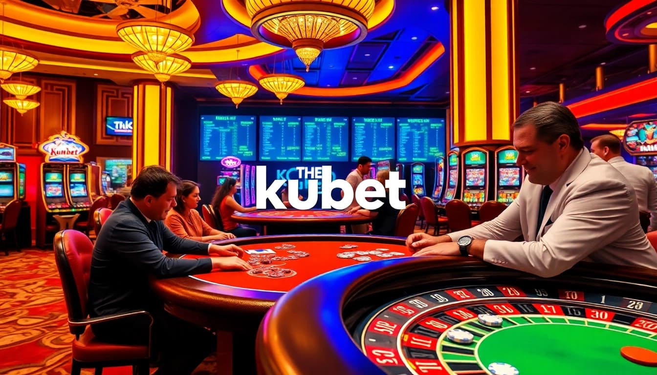 Exciting kubet casino gameplay with vibrant tables and players engaged at slot machines.