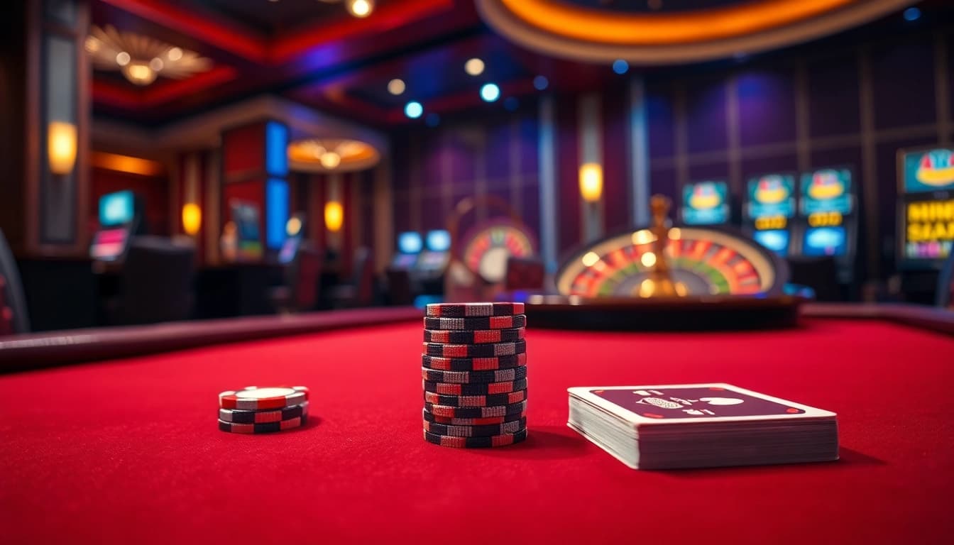 Engage in high-stakes poker at VVVwin's elegant casino, showcasing poker chips and cards.