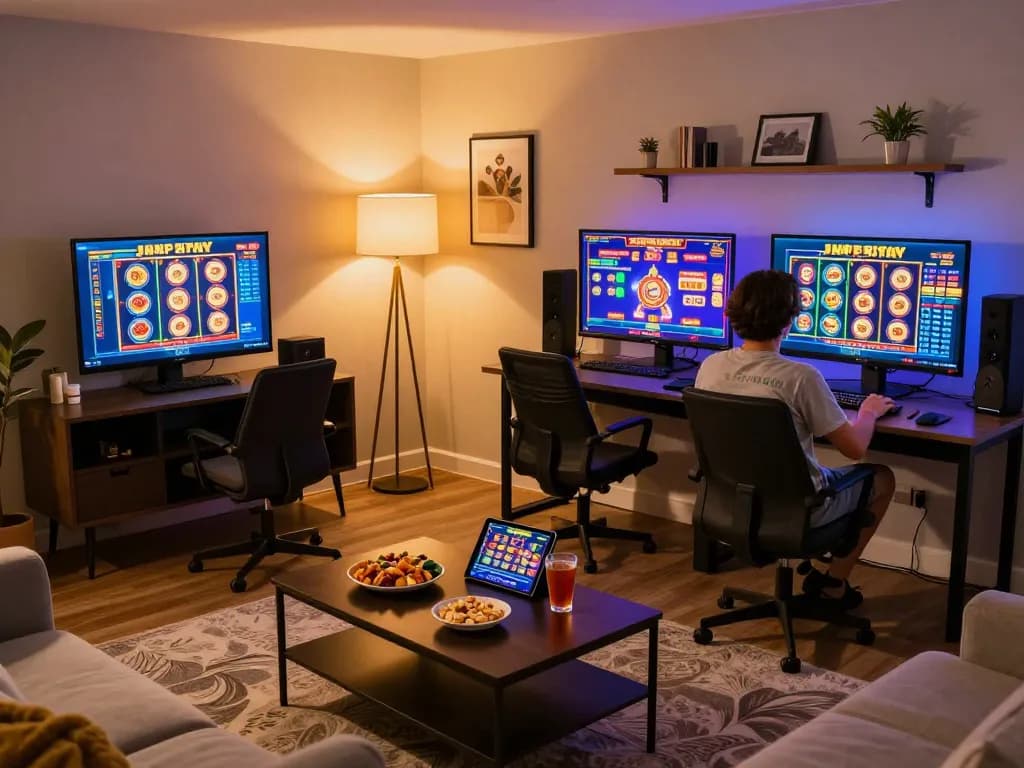 Bermain game Demo Slot di rumah dengan tablet di meja yang stylish