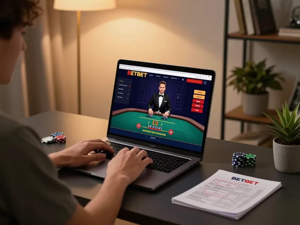 Enjoy online gaming at BETBET with a sleek setup featuring live dealer action and strategic notes.