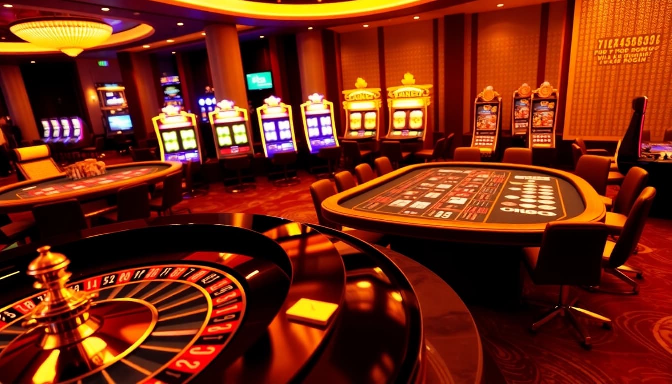 Players enjoying an exciting game night at nk88 casino with vibrant slots and poker tables.