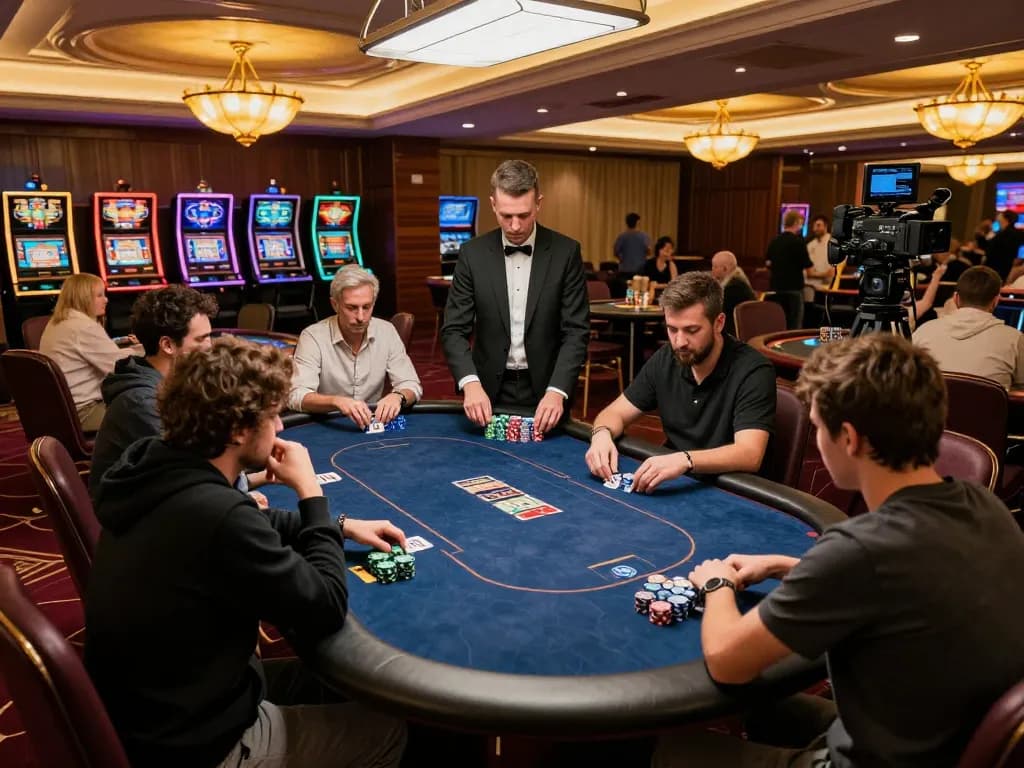 Players at an open88 com poker table strategizing their next moves under elegant casino lighting.