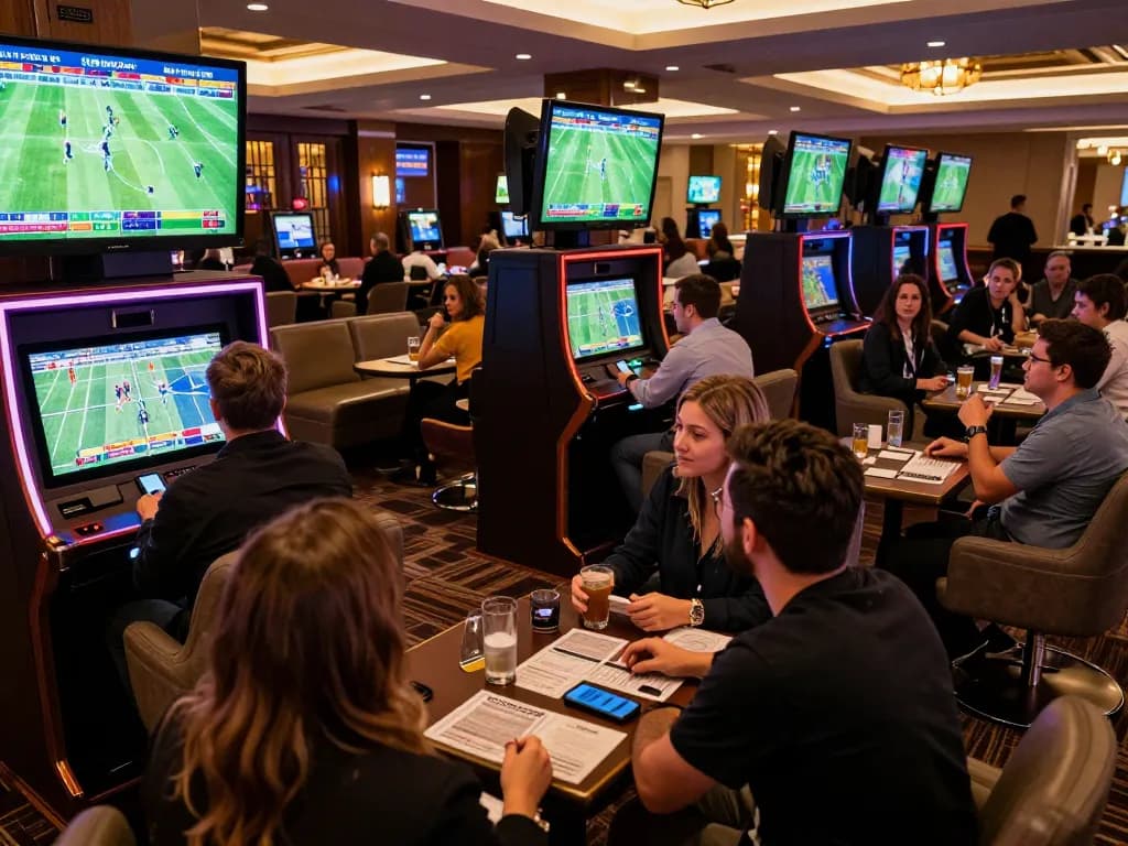 Cakhia enthusiasts cheering for football matches in a modern casino sports betting lounge, ambient excitement.
