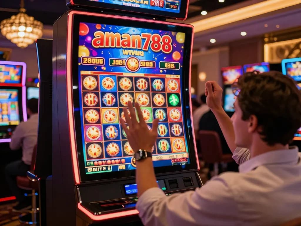 A player celebrating a jackpot win while playing aman788 slot online with a colorful slot machine interface in a cozy home.