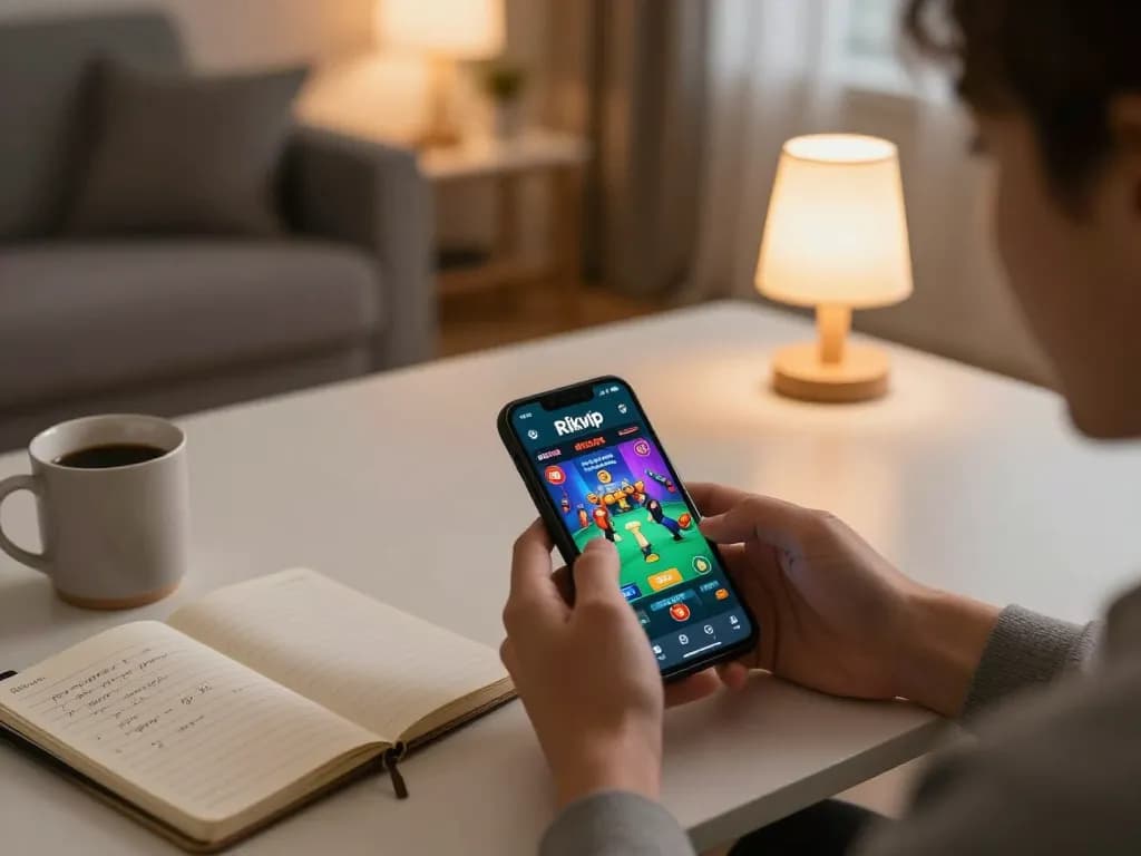 Player enjoying Rikvip online casino gaming on mobile device in cozy home atmosphere