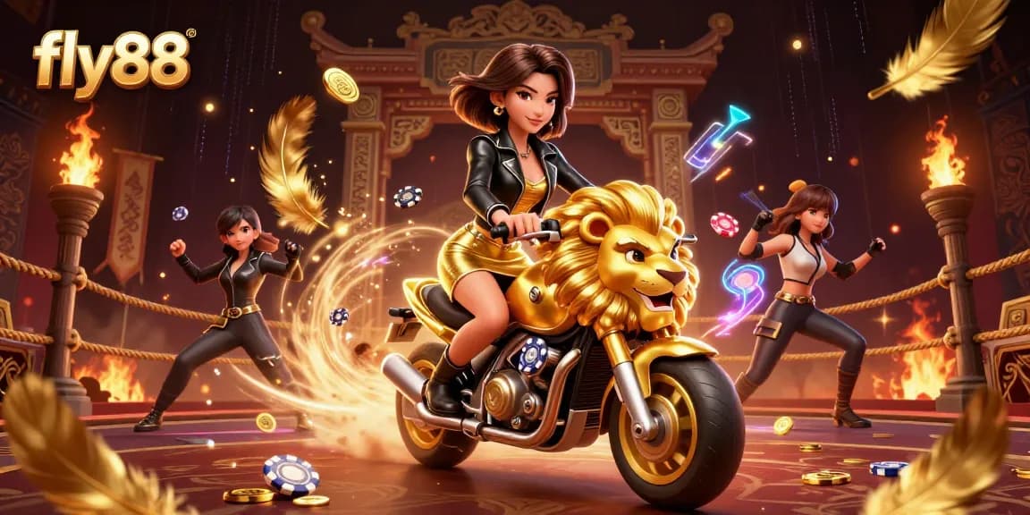 Experience thrilling gameplay at fly88 with a glamorous Asian woman riding a golden lion mascot amidst a vibrant casino scene.