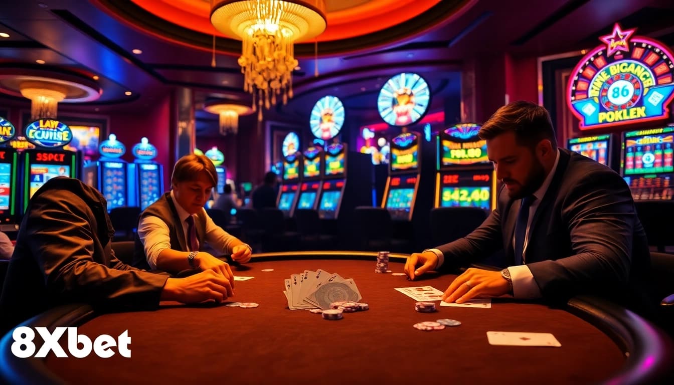 Players enjoying a thrilling game at the 8Xbet poker table in a vibrant casino environment.