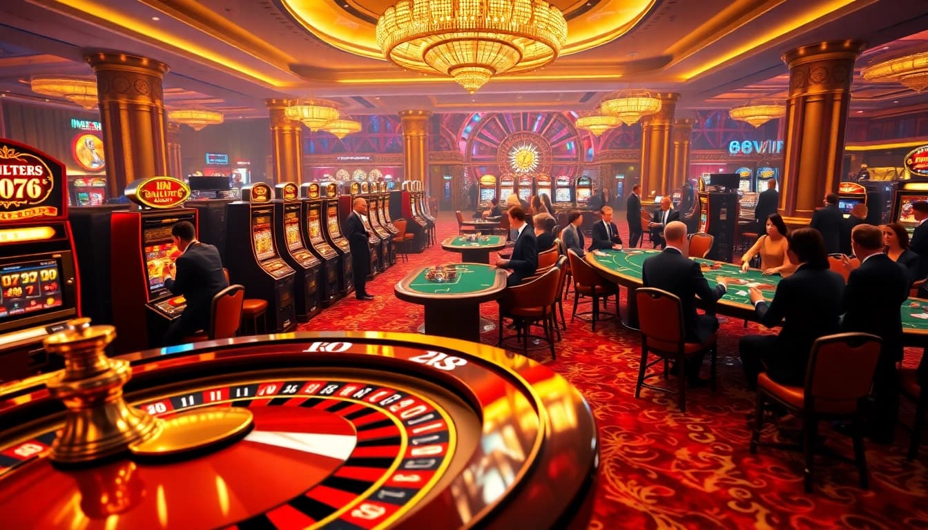 Experience the excitement of 68VIP with elegant poker tables and vibrant slot machines in a luxurious casino.