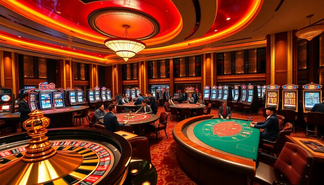 Experience thrilling gameplay with Xin88 in a luxurious casino setting, showcasing roulette, poker, and slot machines.