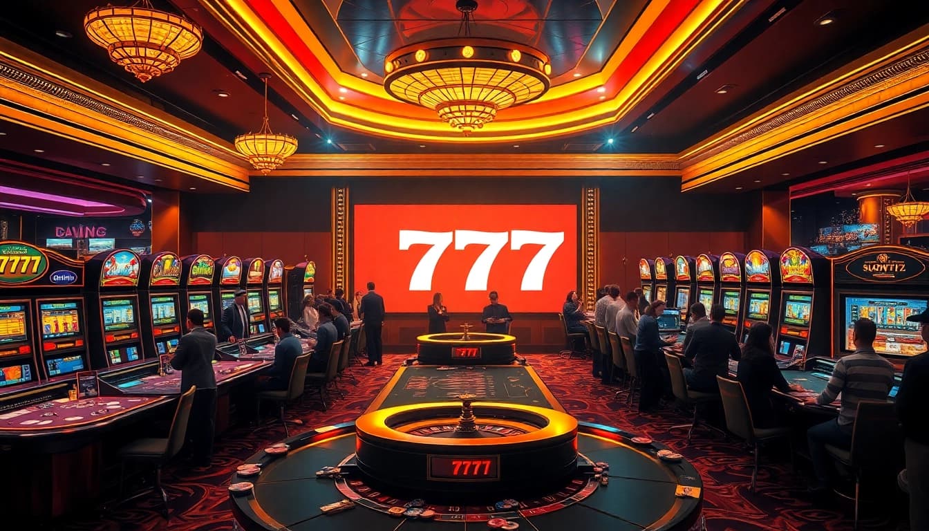 Engaging players enjoy winnings at slot777 machines in a vibrant casino atmosphere.