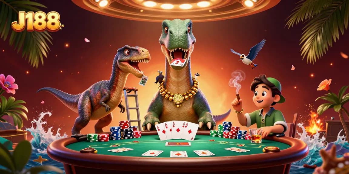 J188 offers a vibrant casino experience with a lively scene of dinosaur characters playing poker.