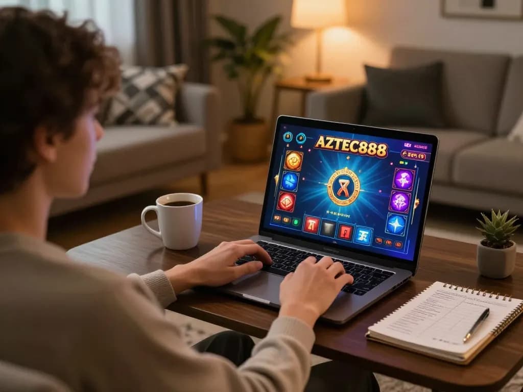 Engaged player using AZTEC888 for online gaming on a cozy laptop setup in a stylish home.