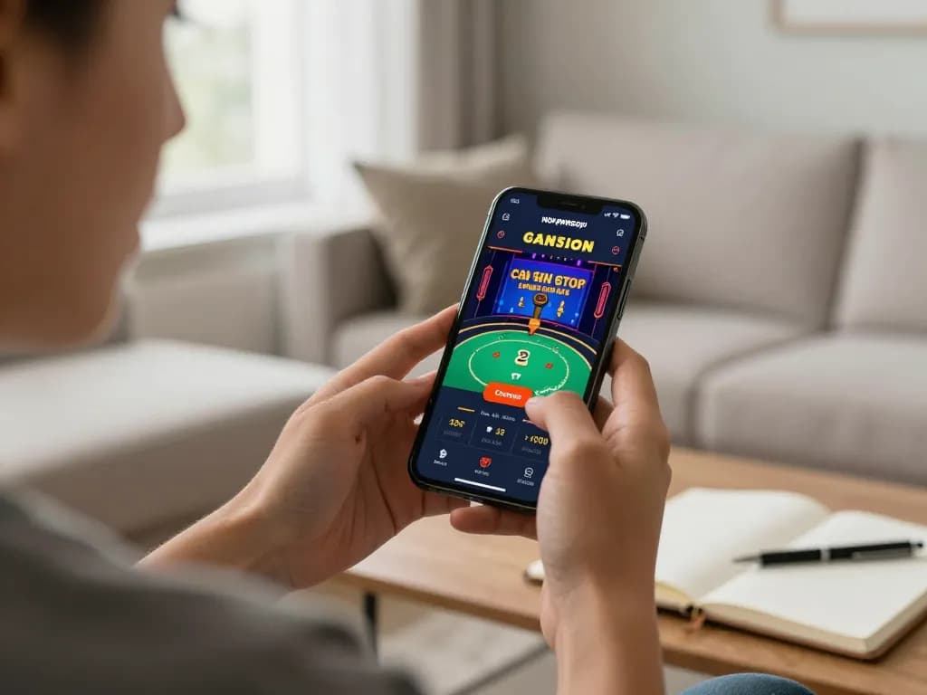 Player enjoying non gamstop online casino app on smartphone in a cozy home setting