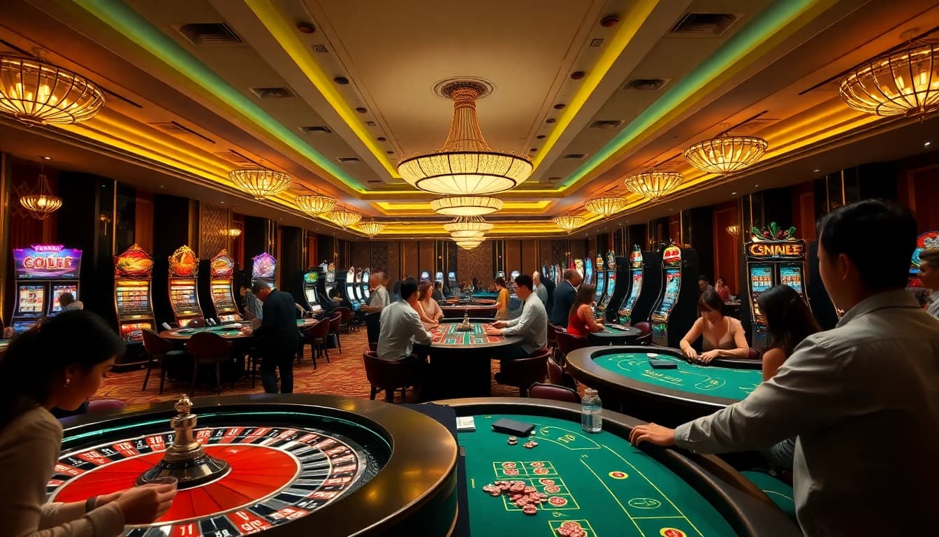 Players enjoying games at the luxurious casino floor of xx88, celebrating wins and engaging with dealers.