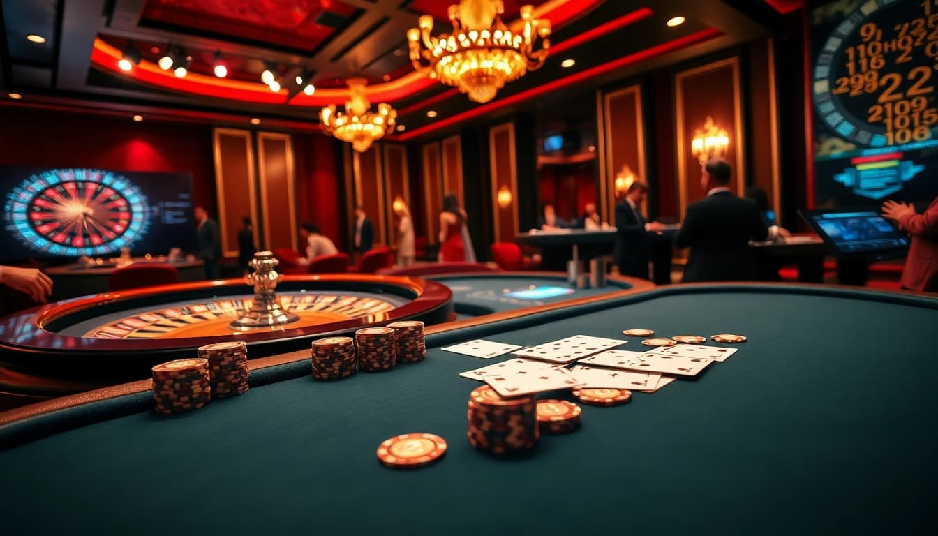 High-stakes poker action at MB66 casino with vibrant chips and elegant cards.