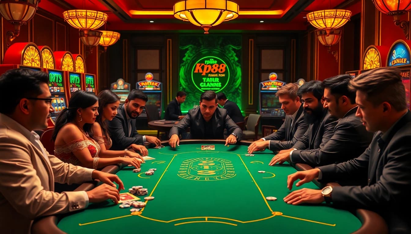 Exciting KP88 gaming table scene with players showcasing high-stakes poker action in a luxurious casino setting.