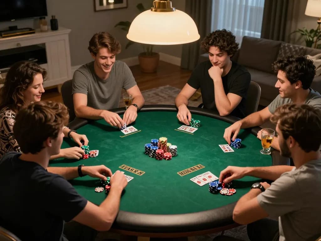 Friends enjoy poker night at home, a lively scene of strategic gameplay emphasizing trang chủ ok365 camaraderie and excitement.