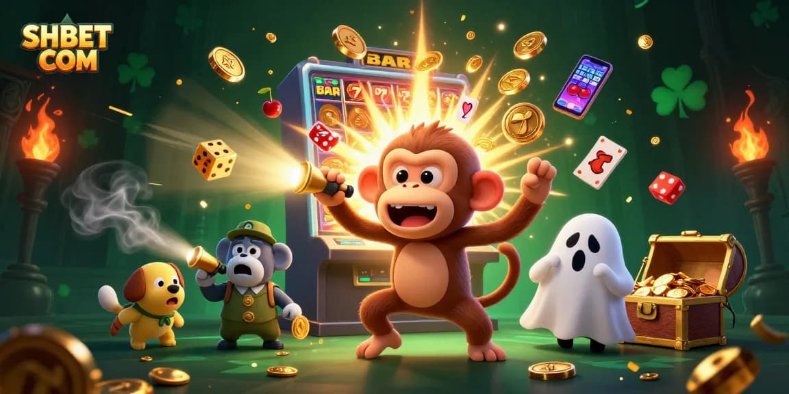 Engage with SHBET COM in a vibrant casino scene featuring a mischievous monkey and a curious puppy.