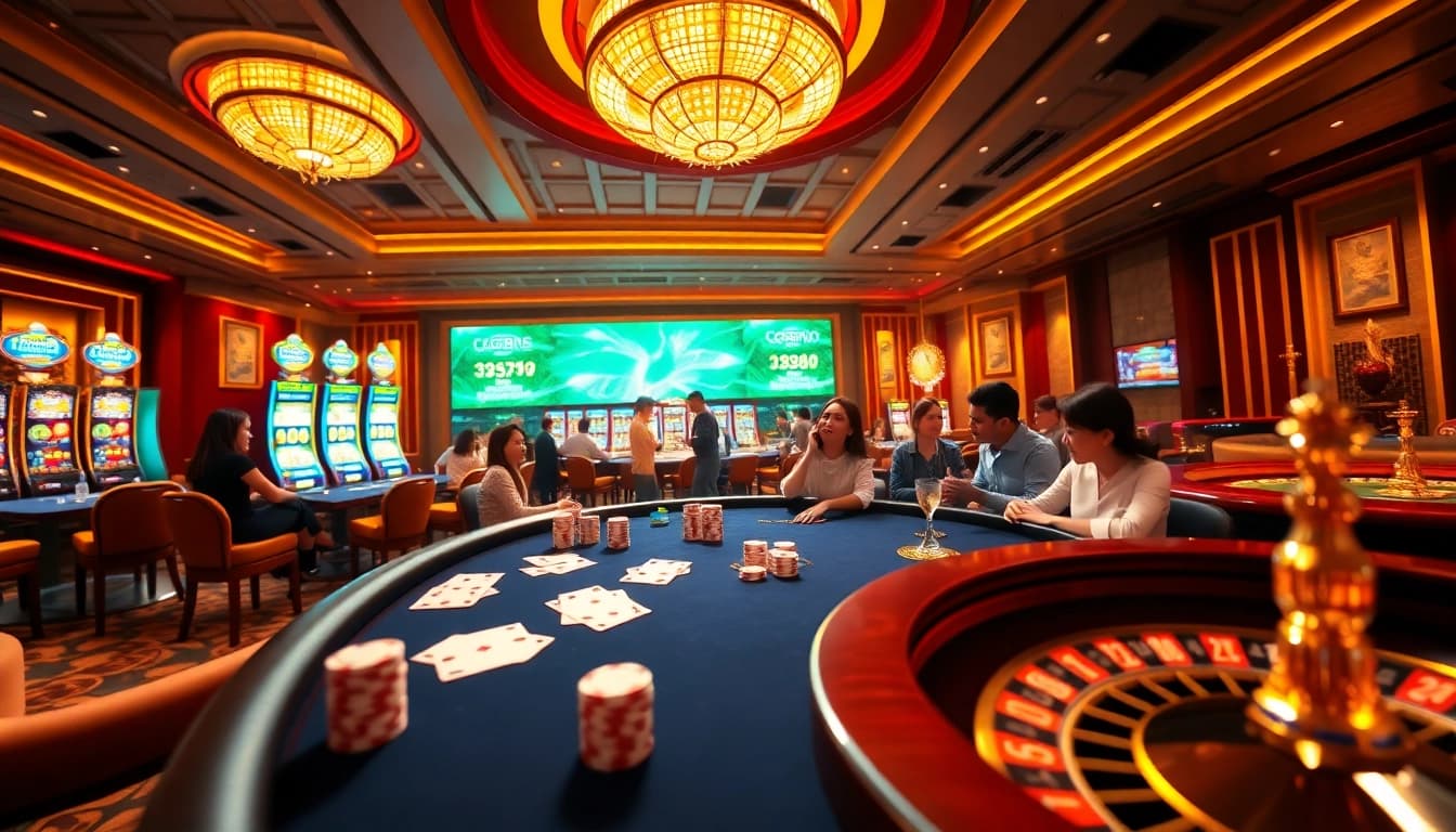 Experience the excitement of GG88 with players at a luxurious poker table and vibrant slot machines.