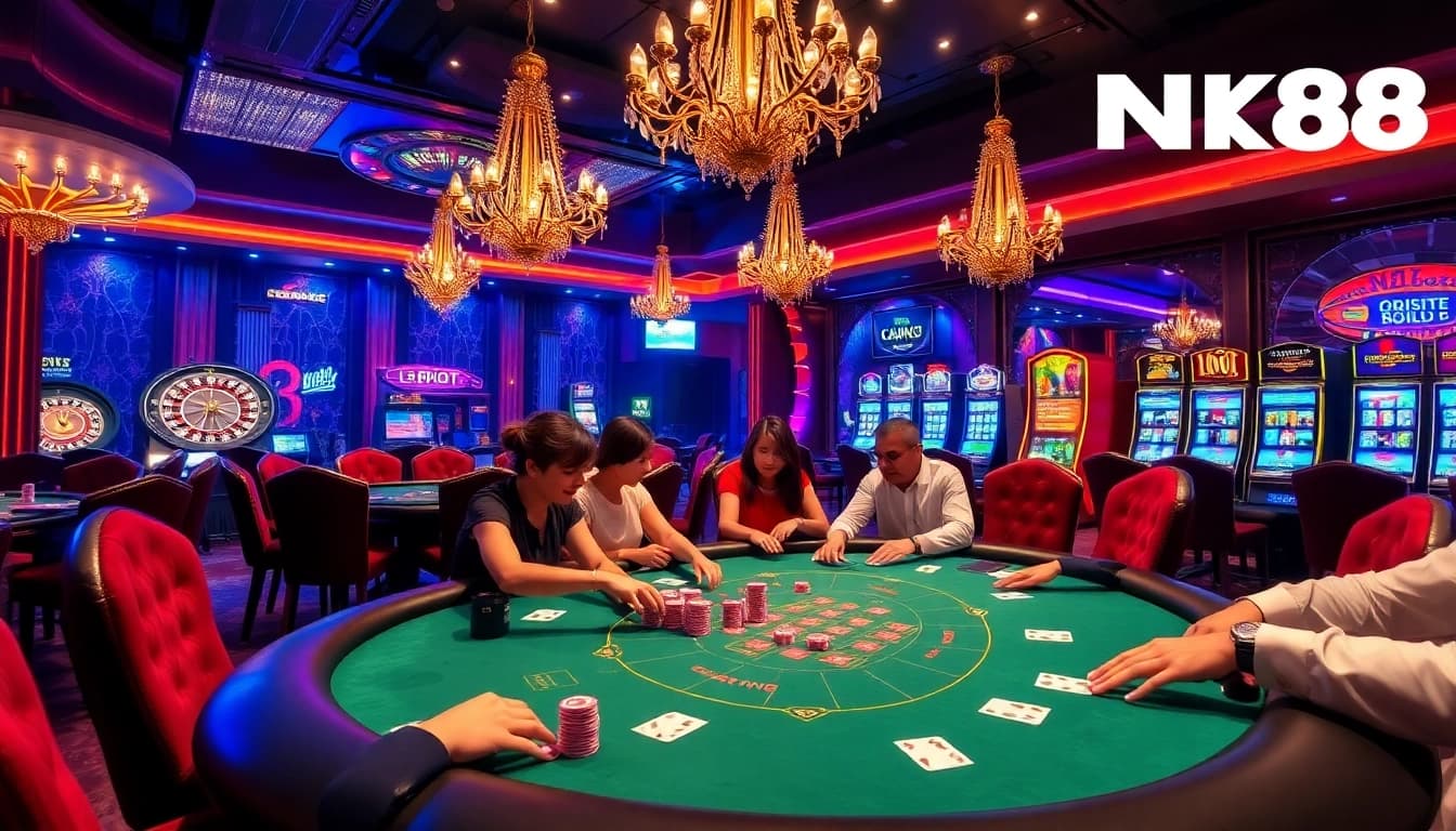 Players enjoying a high-stakes game at NK88 with vibrant poker chips and elegant decor.