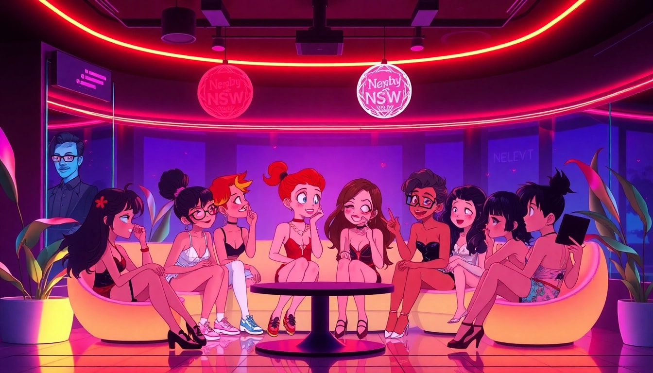 NSFW interactive digital lounge with diverse animated characters and playful decor.