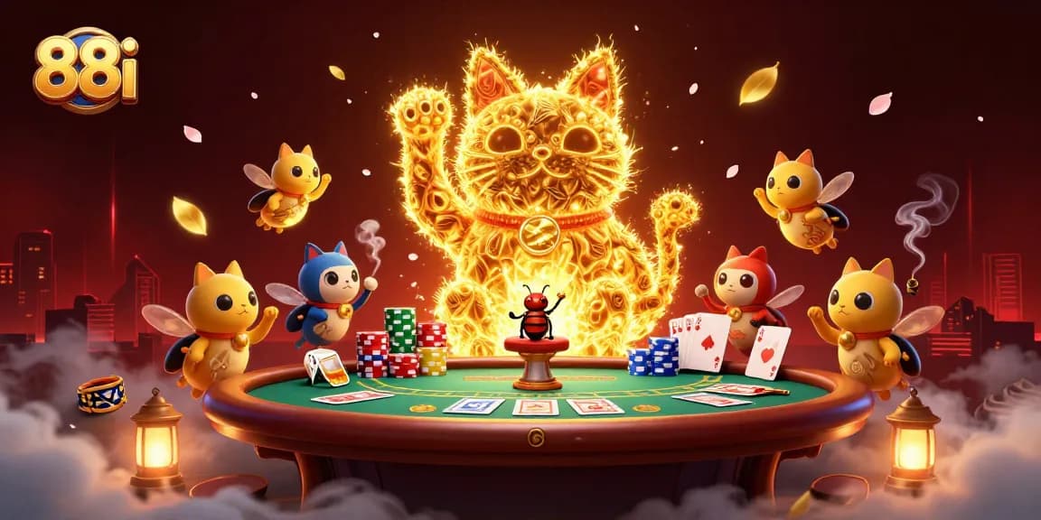 Engage in thrilling games at 88i with vibrant visuals of a lucky cat and dynamic casino elements.