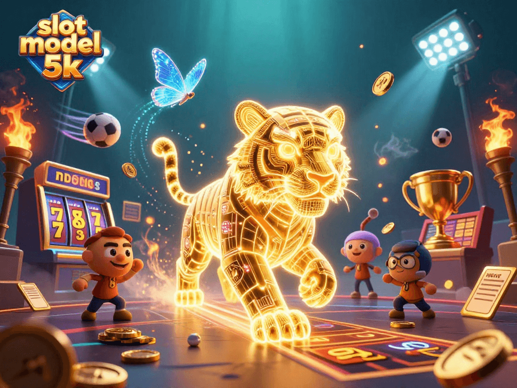 Play slot modal 5k with thrilling 3D visuals of animated slot reels and golden elements in a vibrant casino setting.