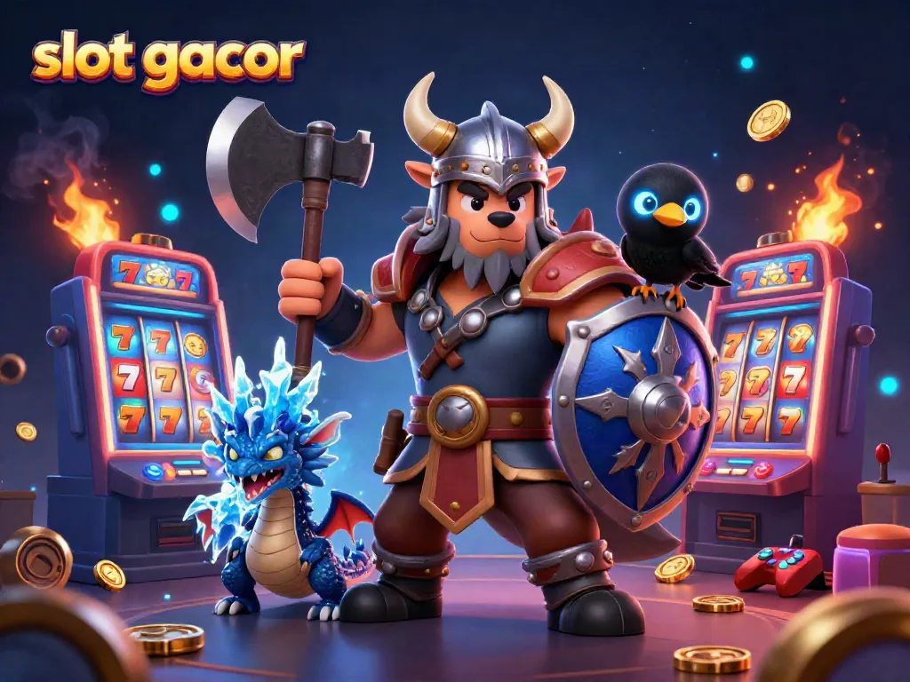 Memenangkan slot gacor dengan simbol-simbol beruntung dan suasana kasino, menampilkan karakter kartun yang menarik.