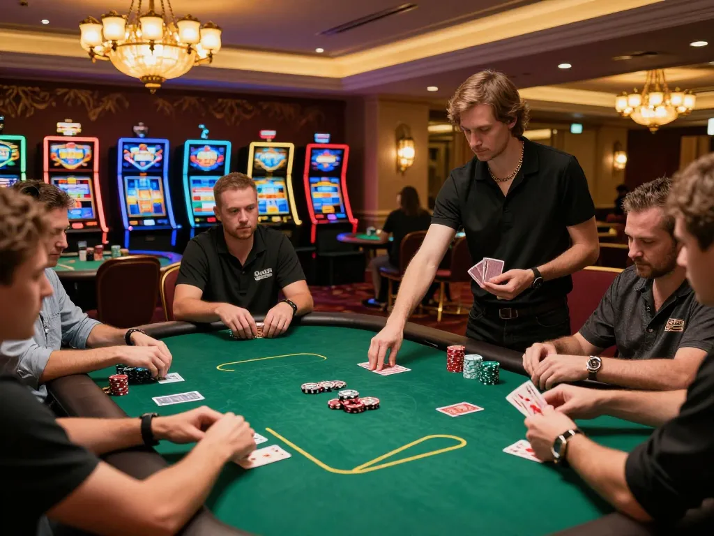Players engaging in a strategic poker game at an upscale casino, showcasing tg88 dynamics and luxury ambiance.