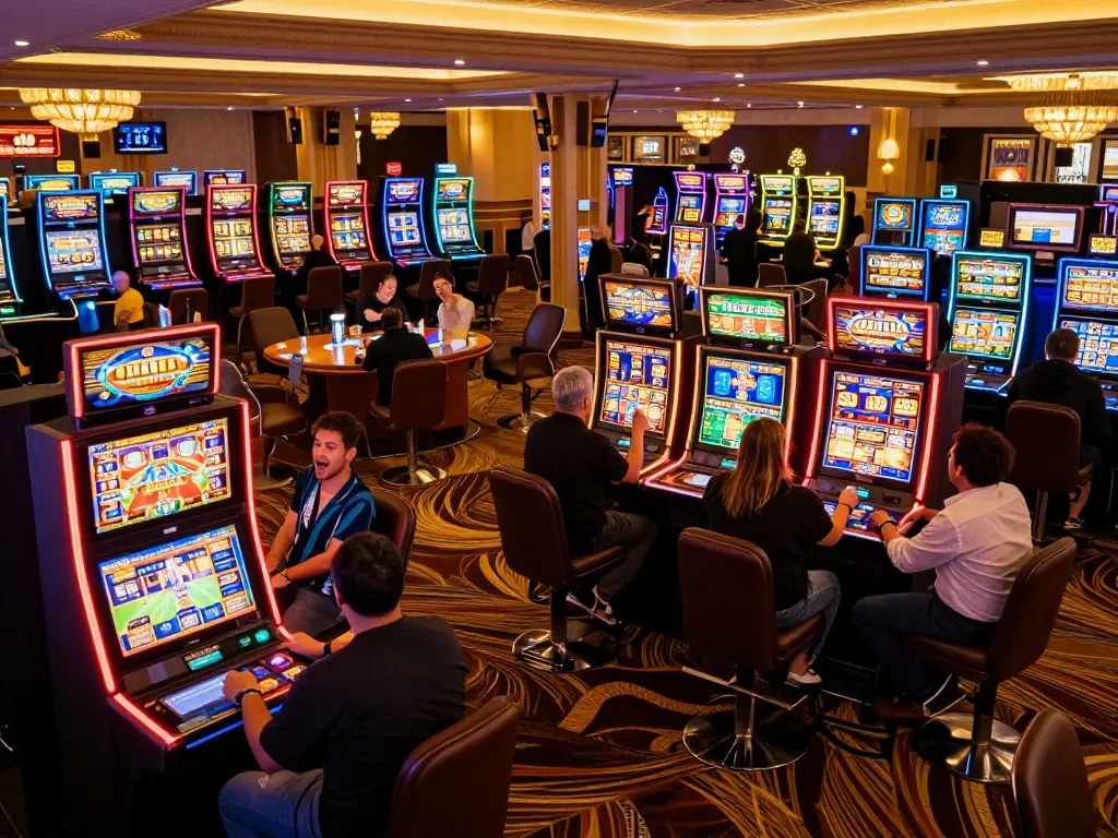 Players enjoying the thrill of slot machines at dinamit4d casino, showcasing dynamic wins and vibrant atmosphere.