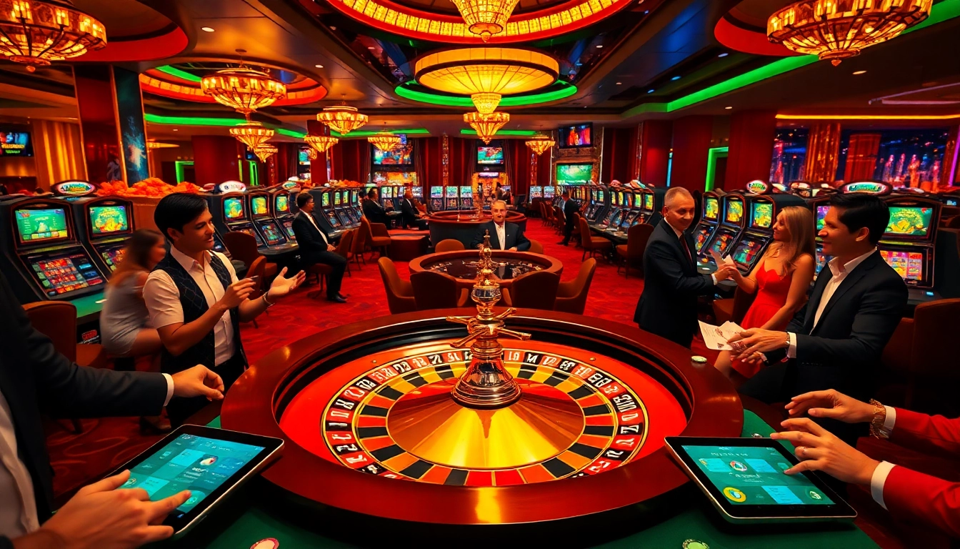 Kubet players enjoying high-stakes action at a vibrant casino table with roulette and poker chips.