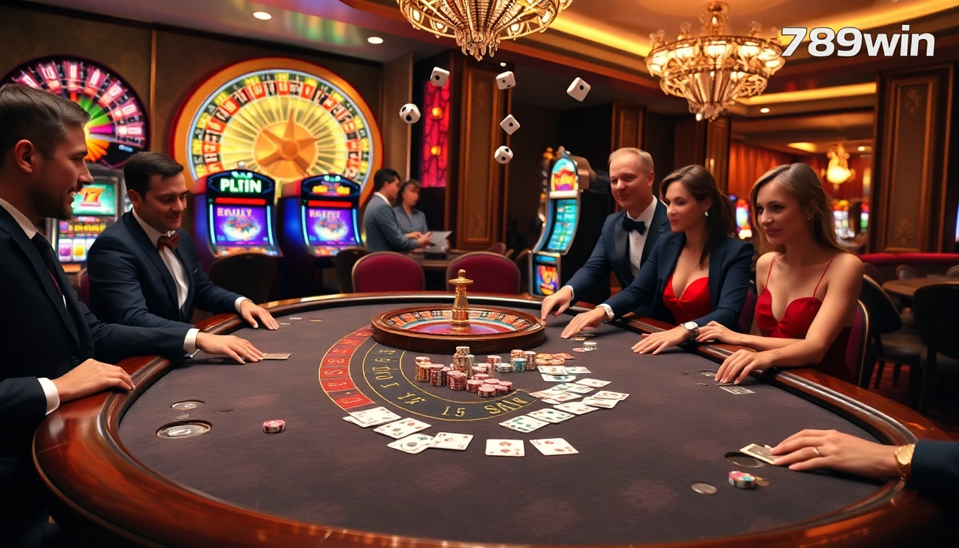 Experience the thrill of 789win at a luxurious poker table with vibrant casino elements.