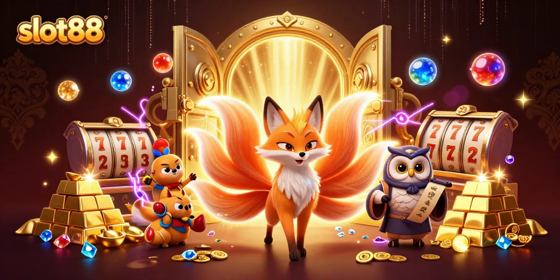 Experience the excitement of slot88 with a vibrant illustration featuring golden treasures and dynamic slot reels.
