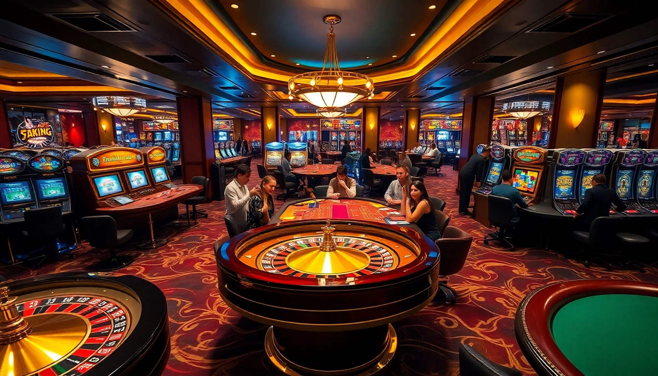 Exciting gaming action at 79king's luxurious casino environment with roulette wheels and poker tables.