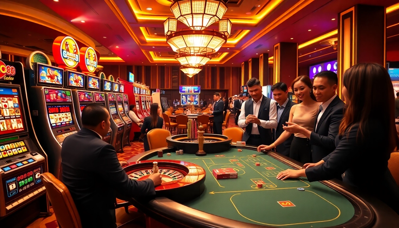 Exciting gaming action at Go88 casino with vibrant slot machines and poker tables.