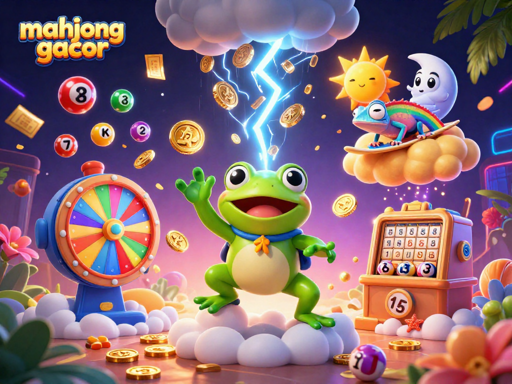 Spin and win with mahjong gacor as golden coins storm from a wizard in a vibrant casino scene.