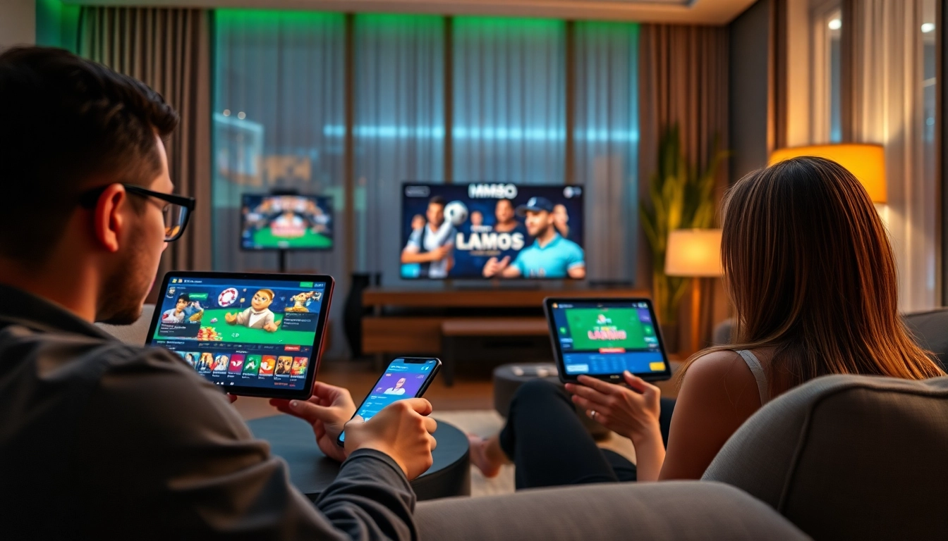 Engaging users playing on the mm88 com online gambling platform in a vibrant, modern setting.