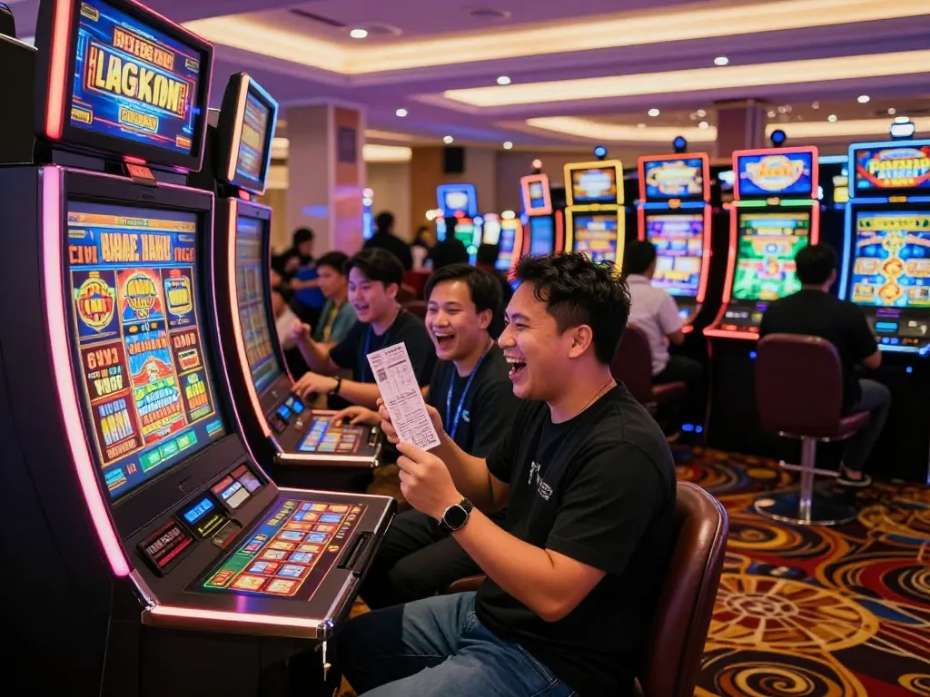 Vibrant casino scene highlighting excitement of slot gacor hari ini with players celebrating wins.