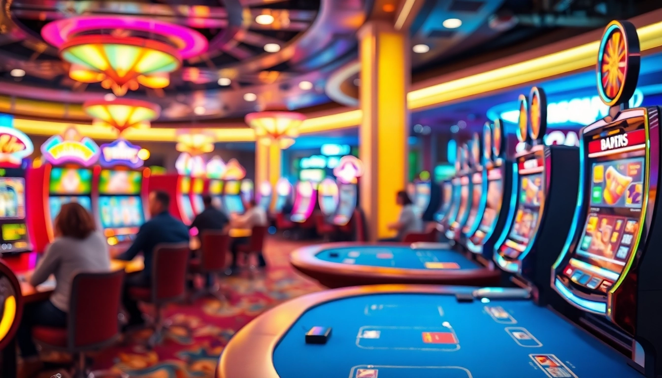 Spannendes Casino-Erlebnis mit Spielern beim casino online spiele, bunten Maschinen und Lichtern.