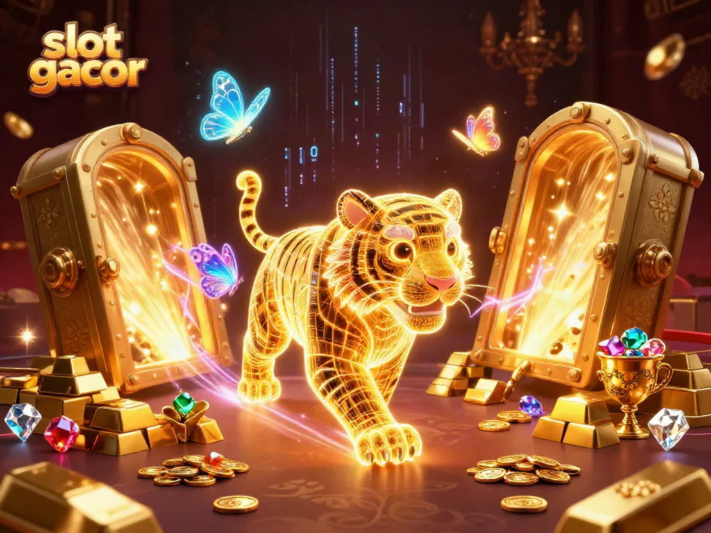 Permainan slot gacor yang menampilkan harimau emas bercahaya di kasino digital dengan banyak harta.