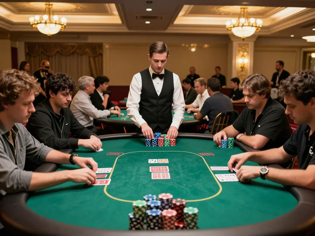 Poker players engaged in intense game at dh88 casino floor tournament, showcasing vibrant chips and elegant decor.