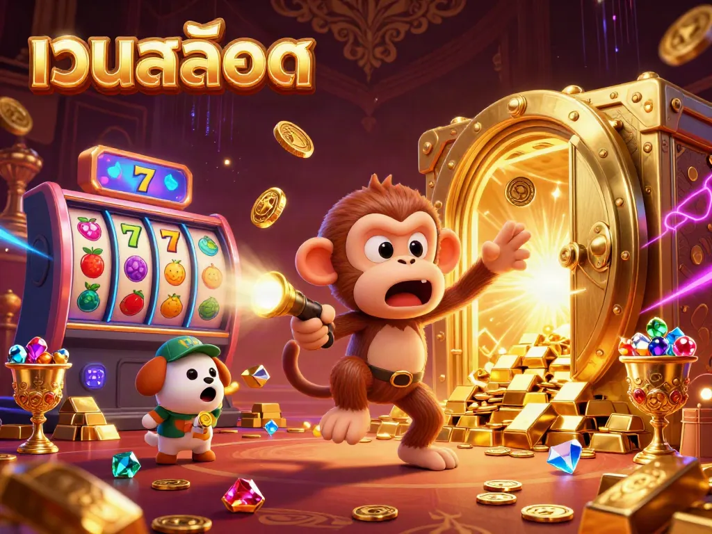 เว็บสล็อต: ม monkeys ตัวร้ายกำลังขว้างเหรียญในคาสิโนที่มีเครื่องสล็อตแวววาว