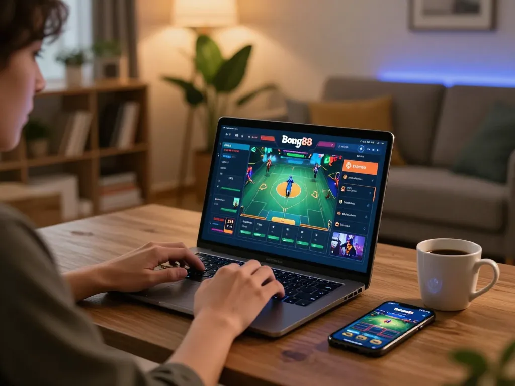 Bong88 user engaged in online gambling from a cozy home setup with laptop and mobile app.